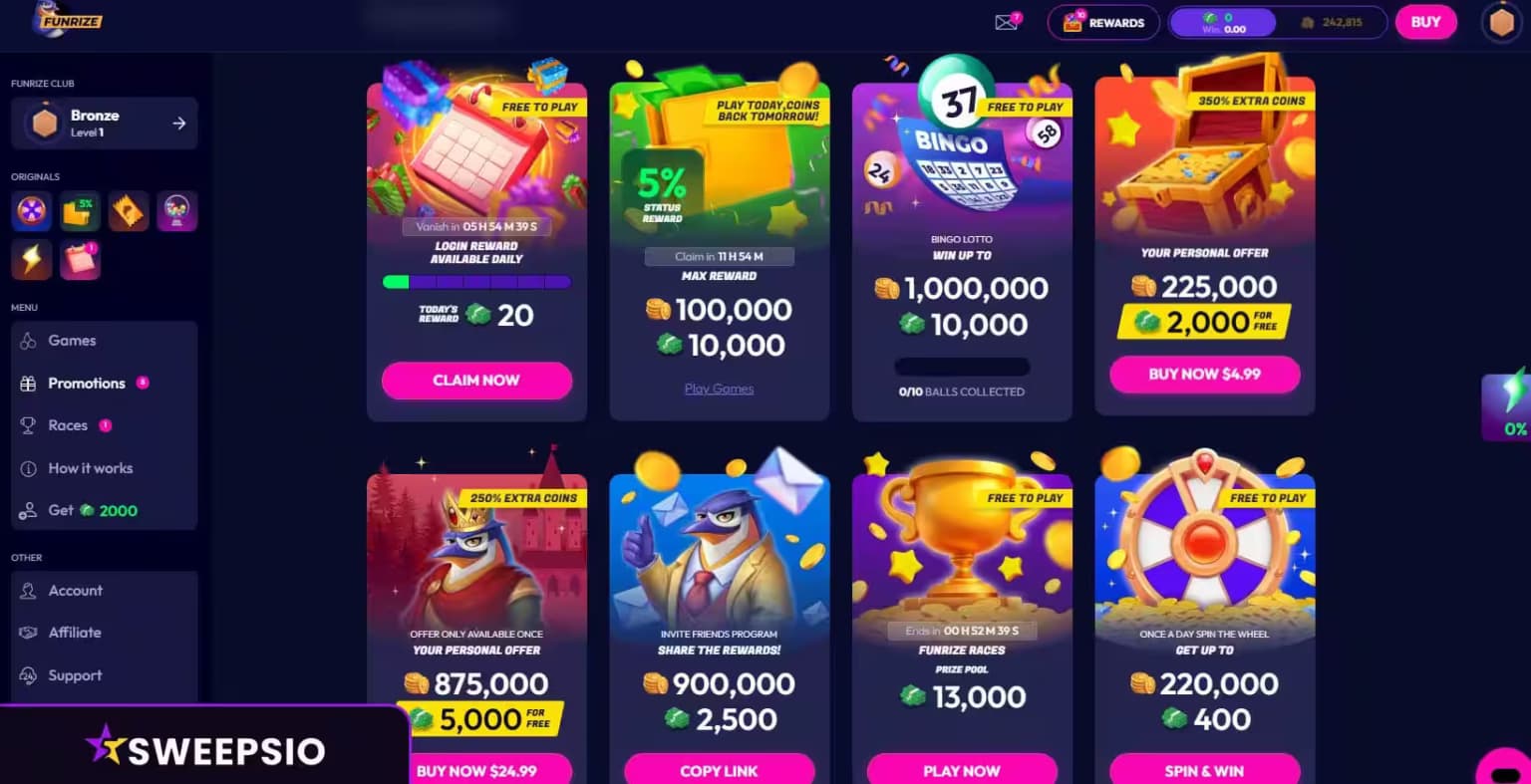 how can players get funrize free sweeps