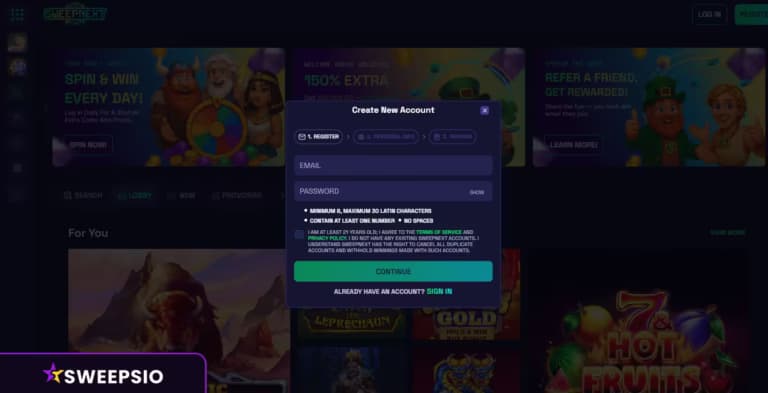 how to sign up on sweepnext