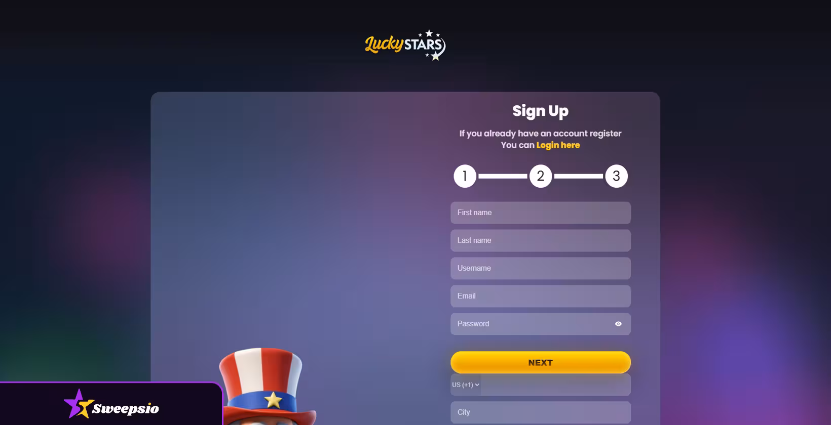 luckystars sign up page