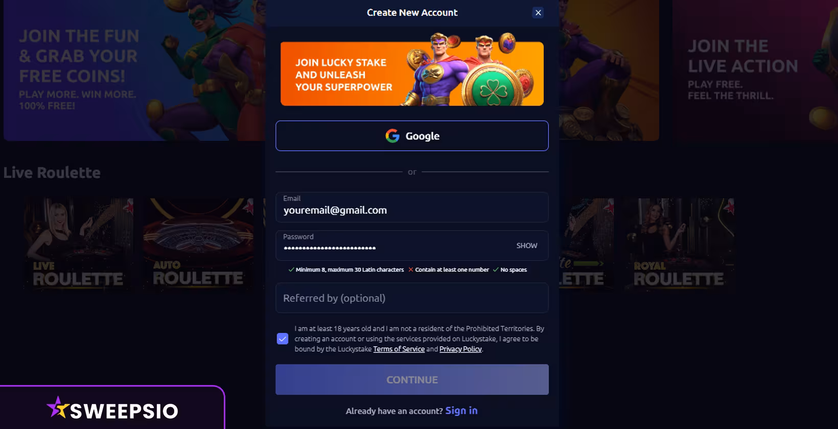 luckystake registration form