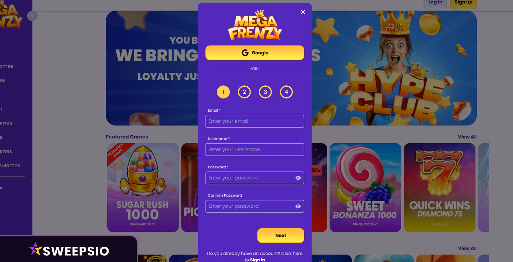 megafrenzy casino sign up form