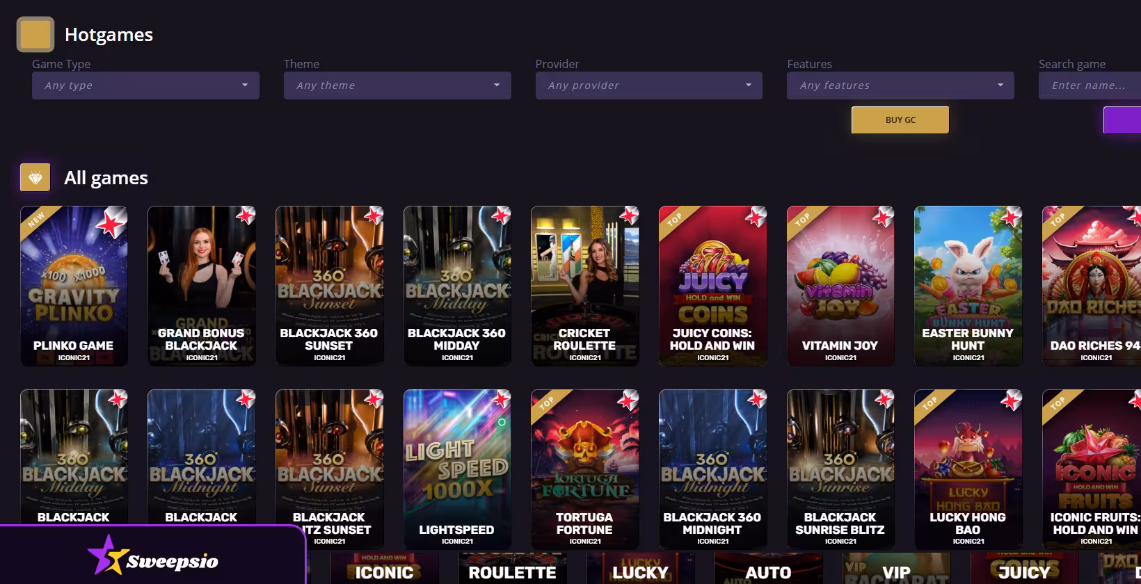 spinova games lobby filters