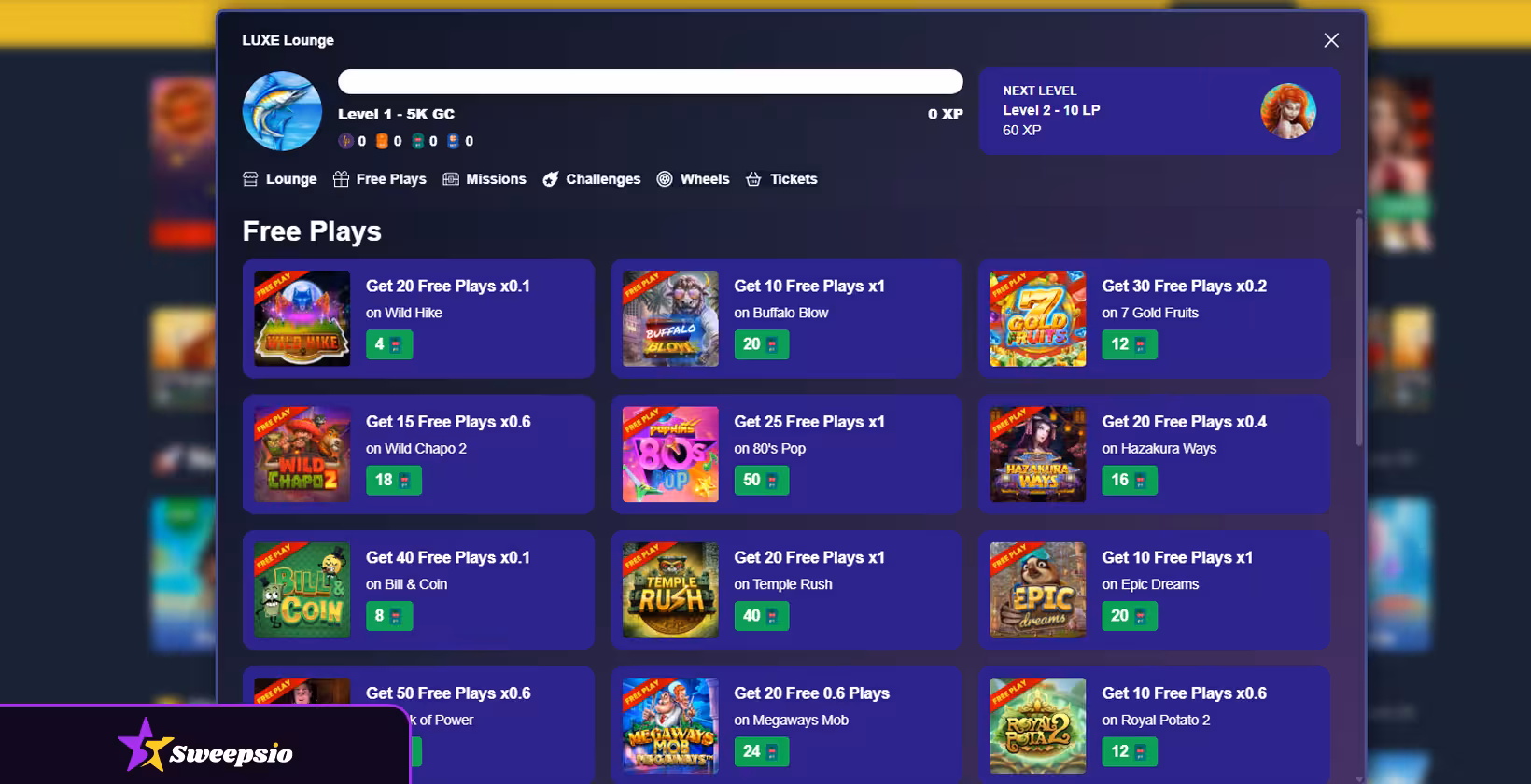 sweepluxe casino free plays
