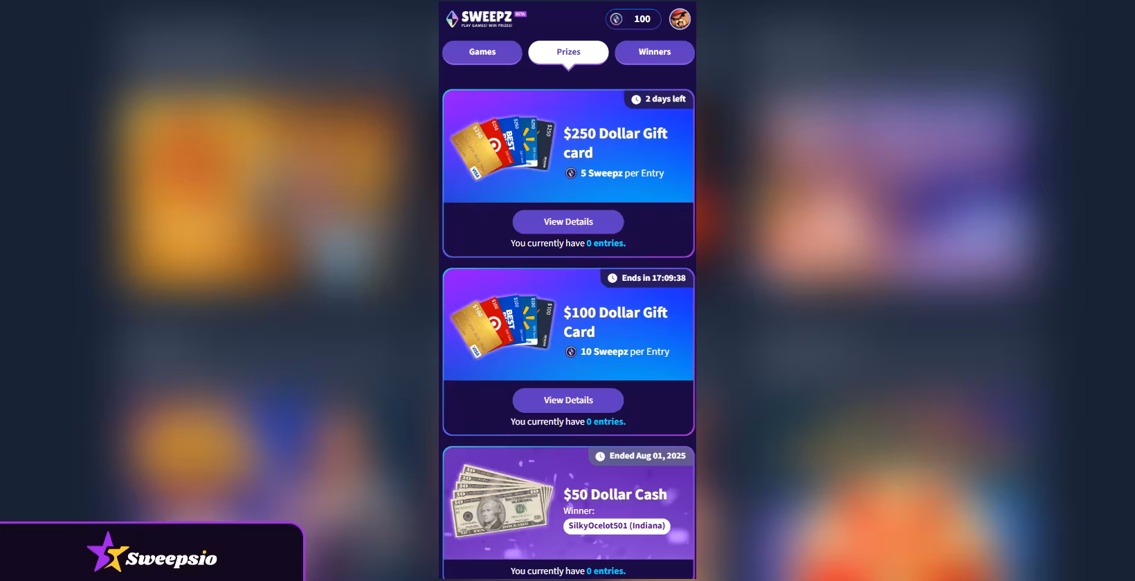 sweepz casino prizes