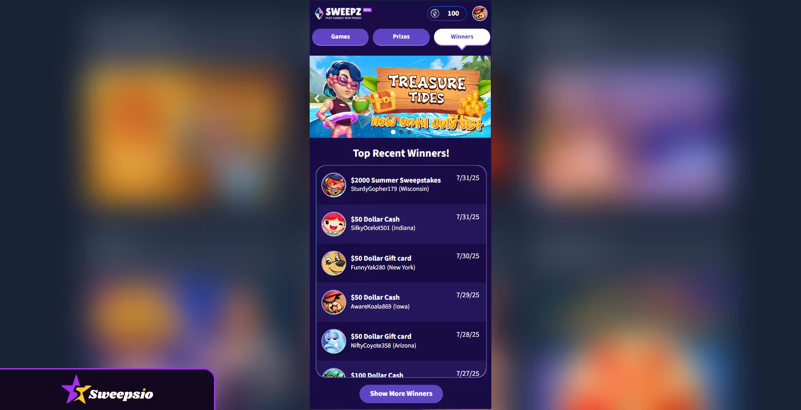 sweepz casino winners