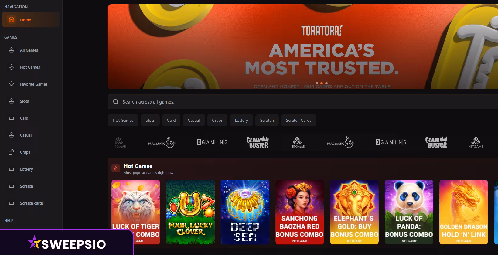 toratora casino navigation interface