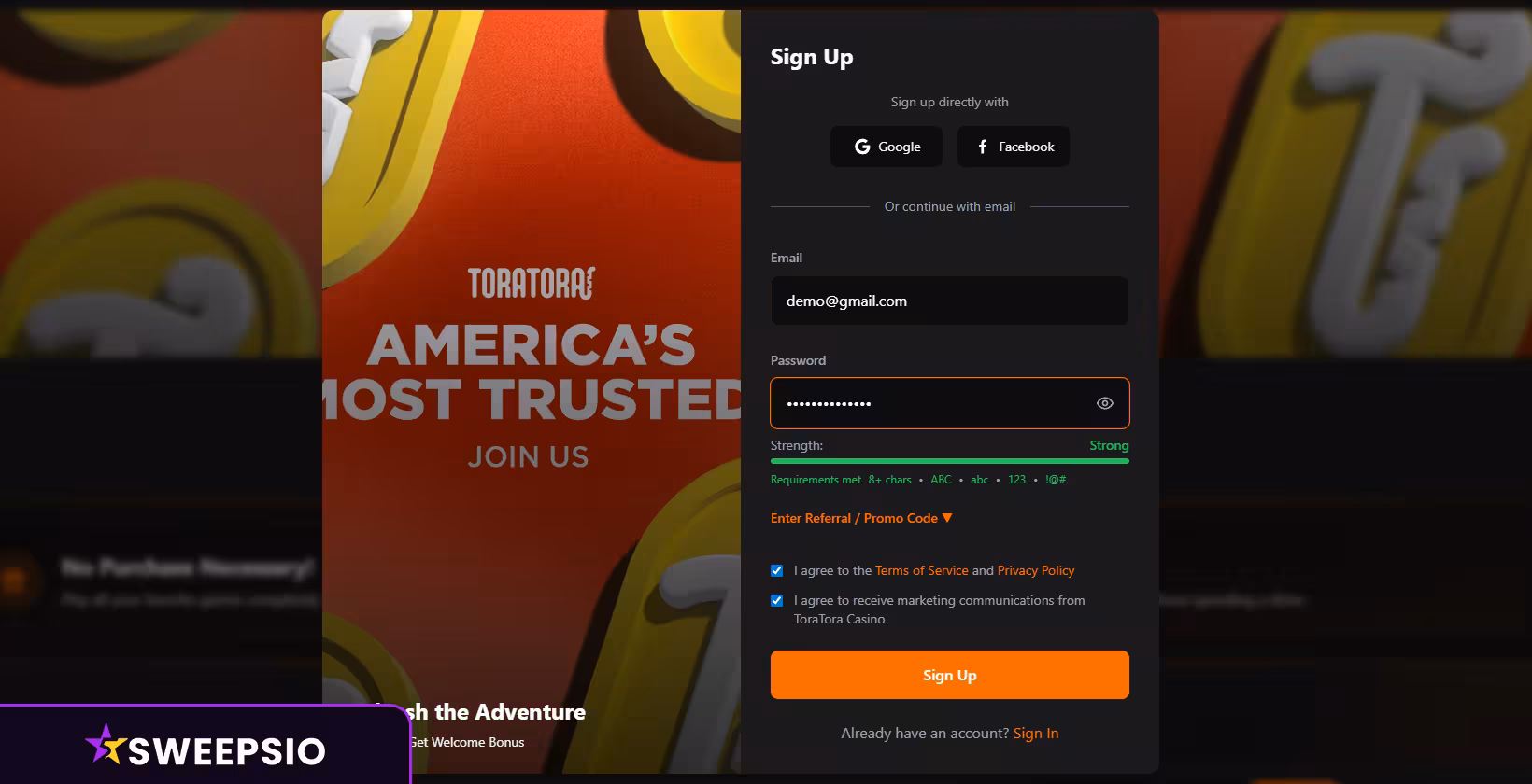 toratora casino sign up form